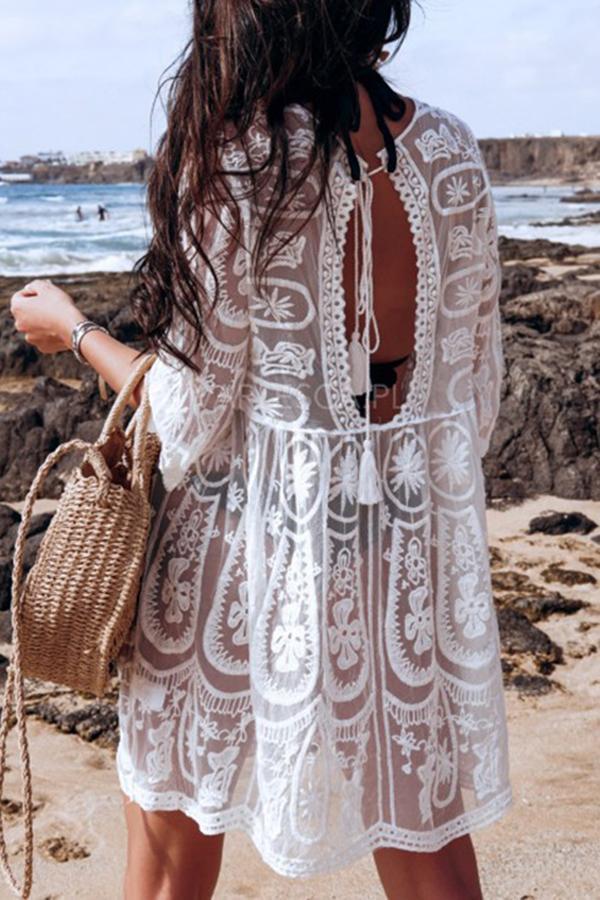 Elegant Smart Lace Hollow Round Neck Floral Print Beach Dress Smock