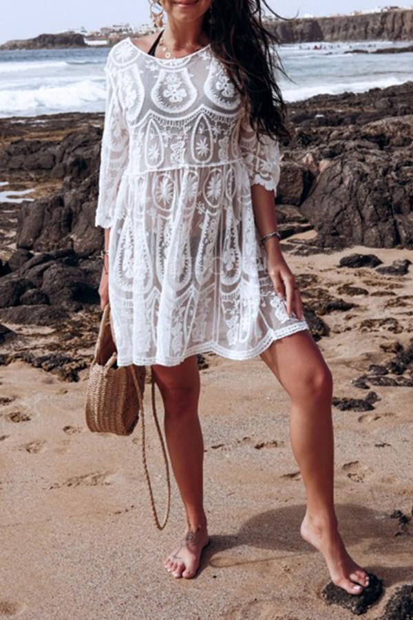 Elegant Smart Lace Hollow Round Neck Floral Print Beach Dress Smock