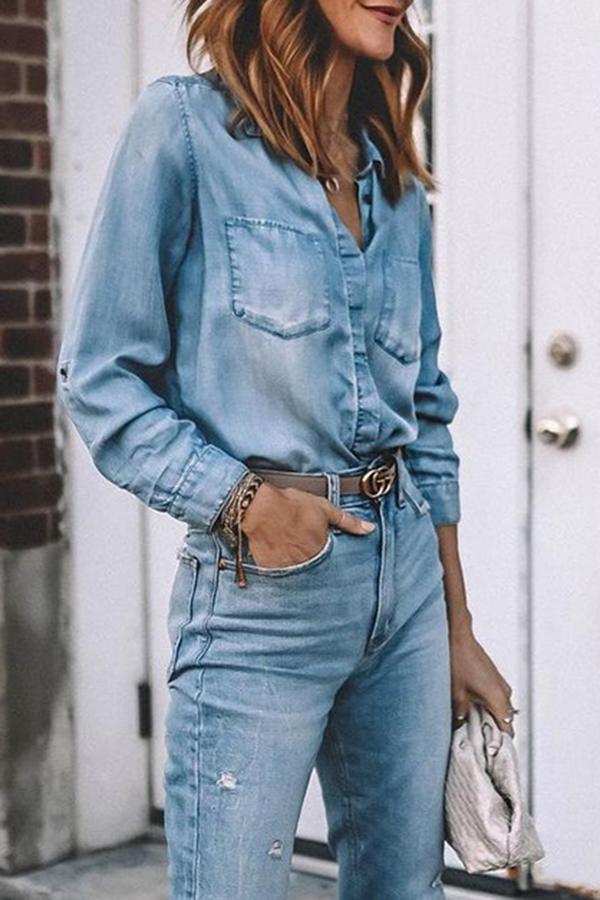 Modern Slim Cool Street Cowboy Denim Shirt