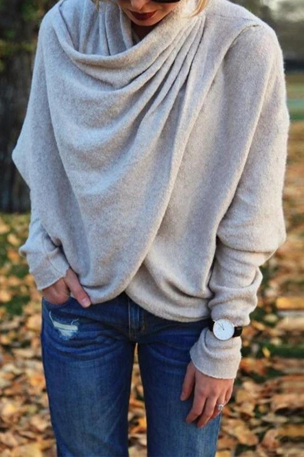 Casual Unusual Cozy Irregular Neck Knitted Fleece Sweater