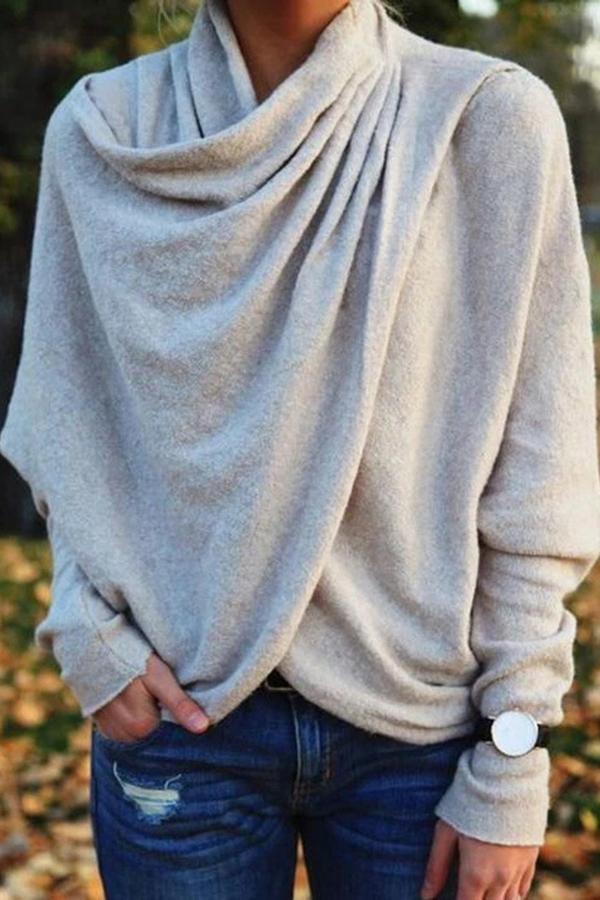 Casual Unusual Cozy Irregular Neck Knitted Fleece Sweater