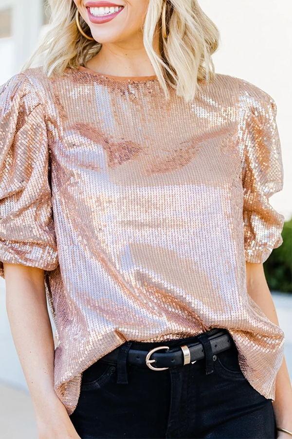 Urban Elegant Bright Sequined Print Princes Sleeve Shirt