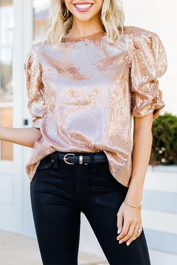 Urban Elegant Bright Sequined Print Princes Sleeve Shirt