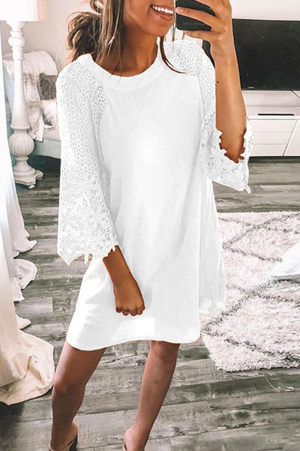 Charming Pure Casual Net Yarn Lace Solid Color Midi Dress