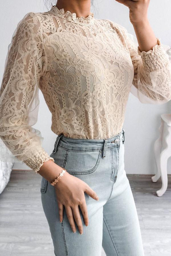 Charming Sweet Temperament Floral Lace Net Yarn Long Sleeves Shirt