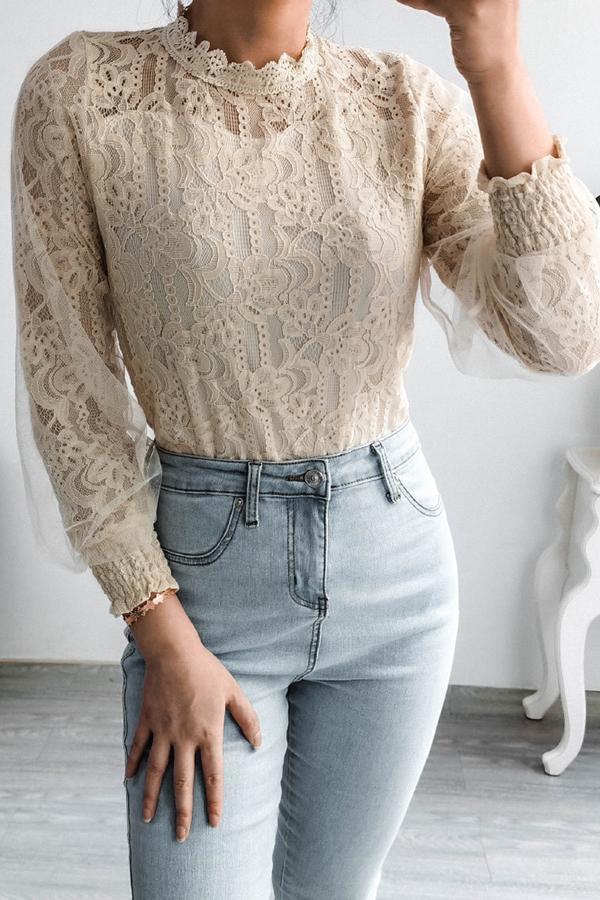 Charming Sweet Temperament Floral Lace Net Yarn Long Sleeves Shirt