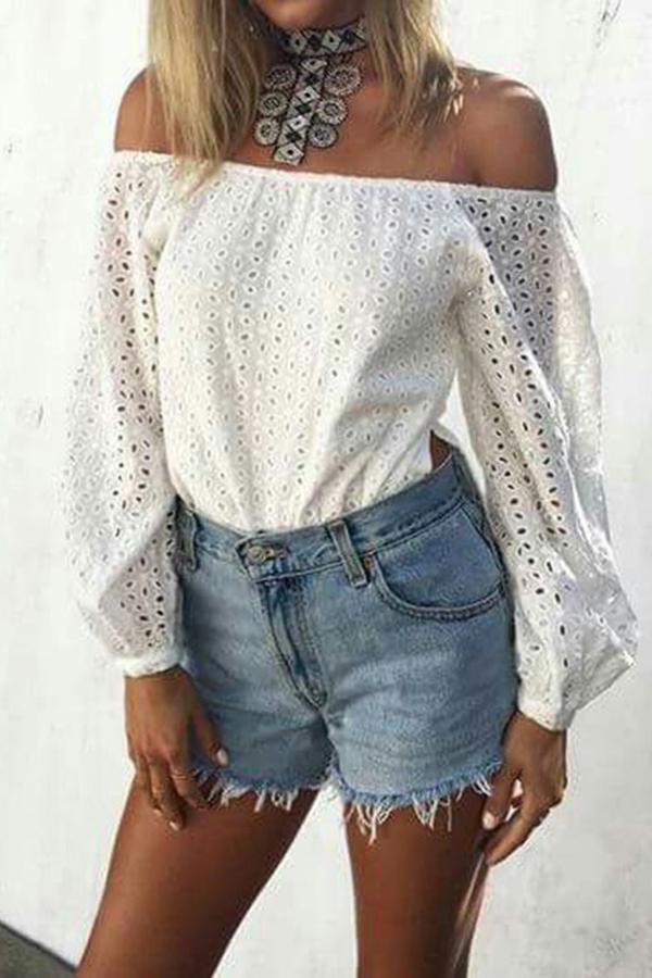 Modern Stylish Sweet Slash Neck Lace Hole Long Sleeves Top