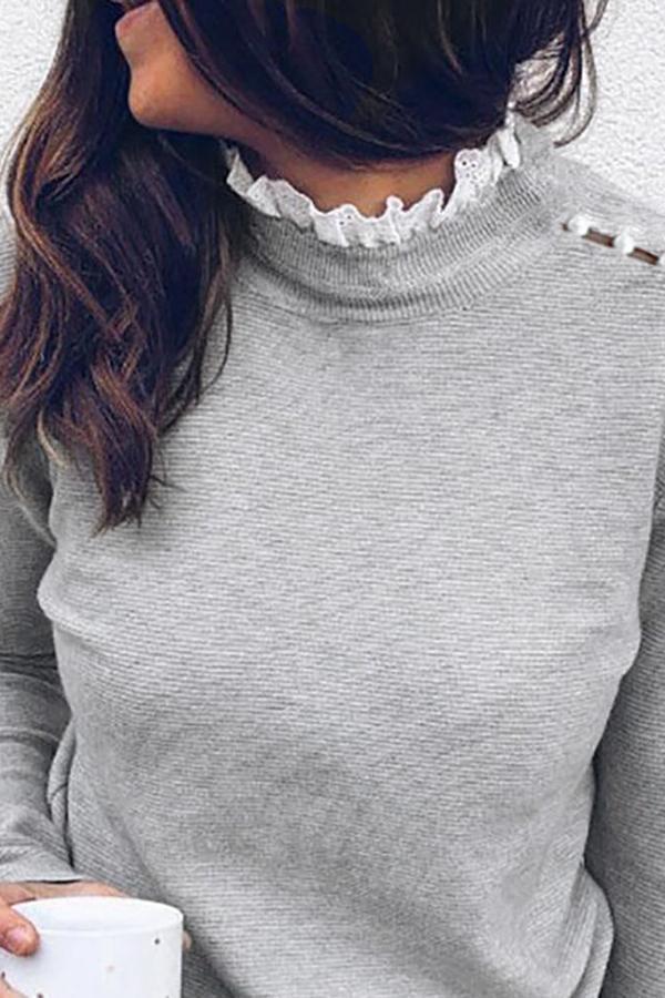 Classic Tender Floral Lace Patchwork Hollow Out Pearl Long Sleeves Top