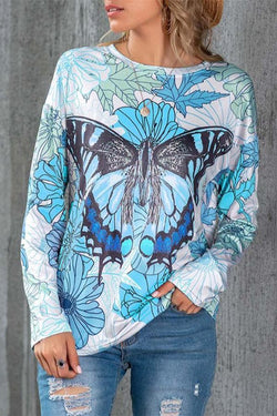 Casual Cozy Stylish Butterfly Print Round Neck Long Sleeves Shirt