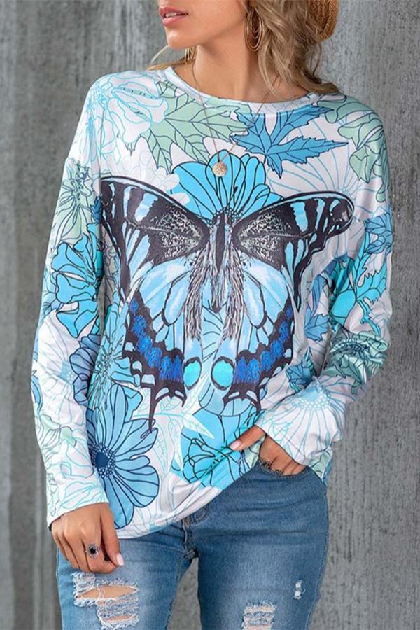 Casual Cozy Stylish Butterfly Print Round Neck Long Sleeves Shirt