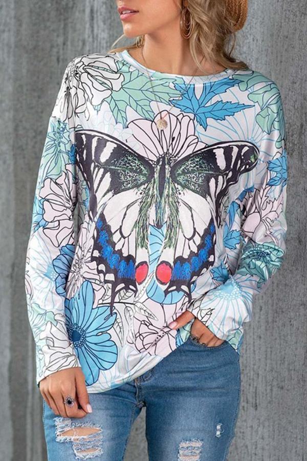 Casual Cozy Stylish Butterfly Print Round Neck Long Sleeves Shirt