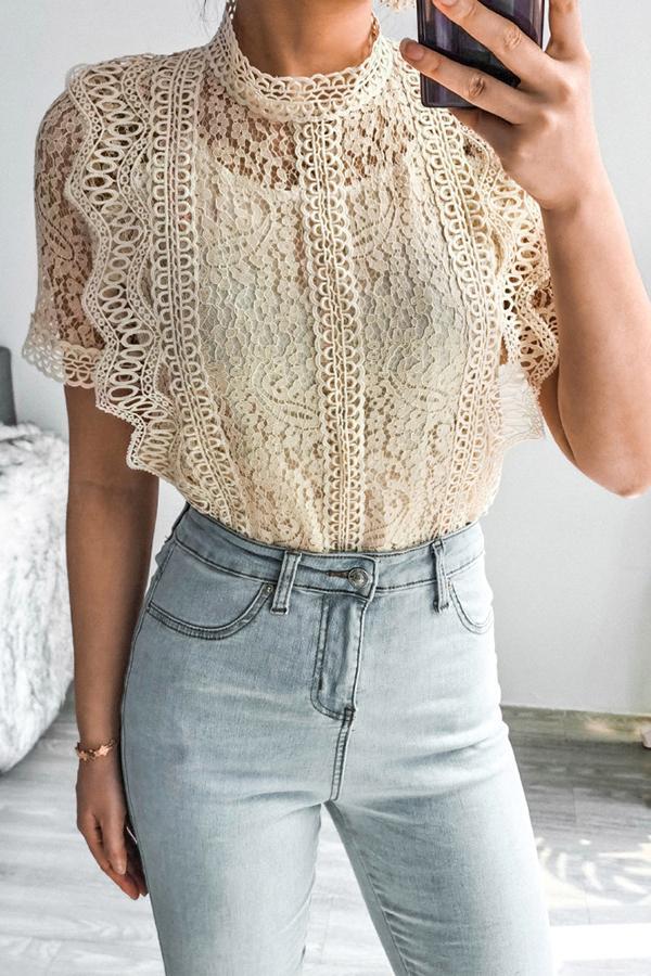 Casual Elegant Pretty Intellectual Lace Crochet Short Sleeves Shirt