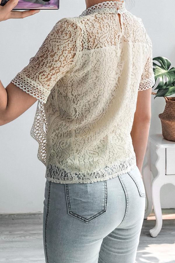 Casual Elegant Pretty Intellectual Lace Crochet Short Sleeves Shirt