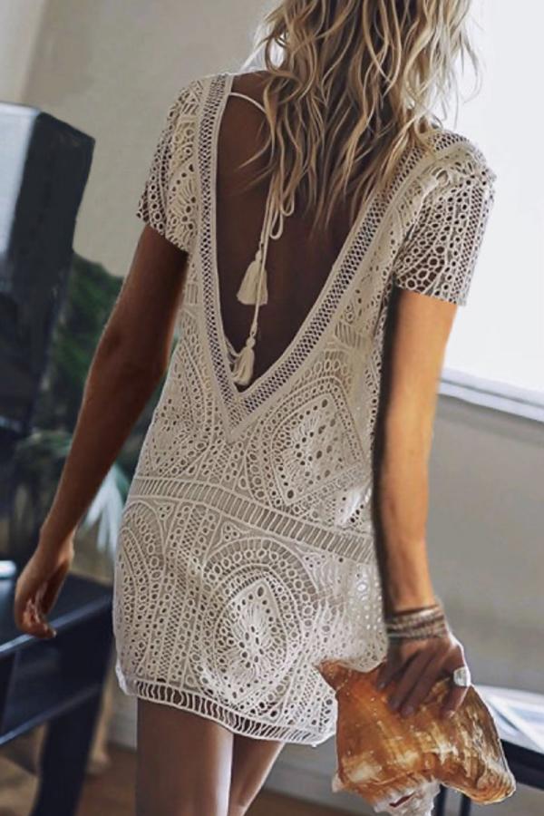 Elegant Cozy V Neck Lace Short Sleeves Midi Dress