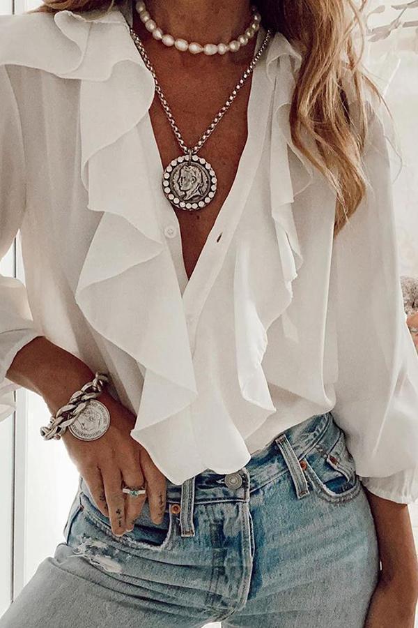 Chic Urban Solid Color Flounce Sleeves Irregular Top