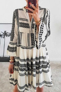 Smart Casual Irregular Geometric Print V Neck Midi Dress