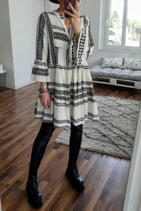 Smart Casual Irregular Geometric Print V Neck Midi Dress