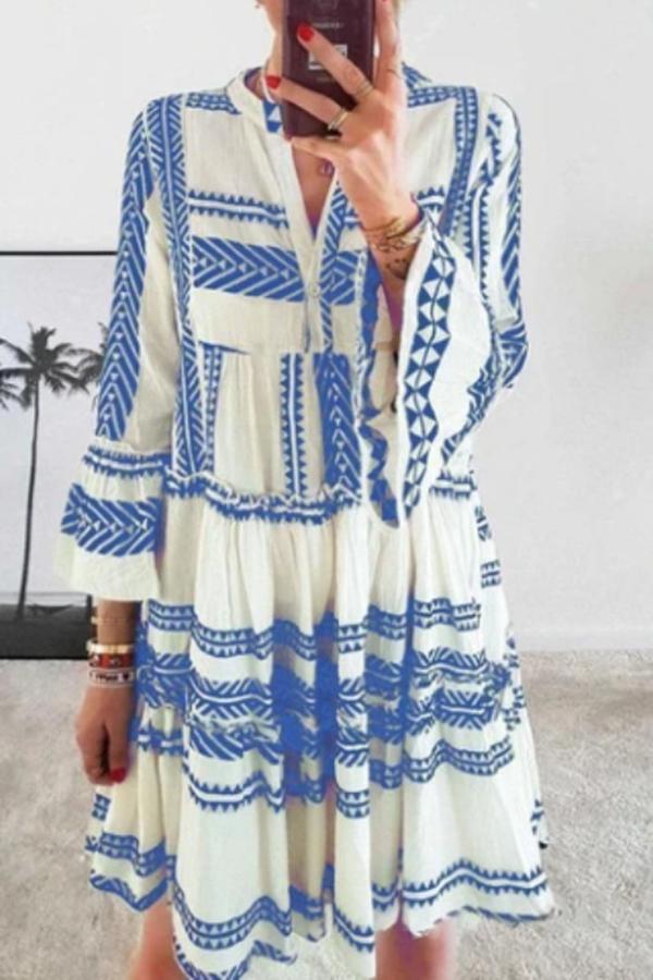 Smart Casual Irregular Geometric Print V Neck Midi Dress