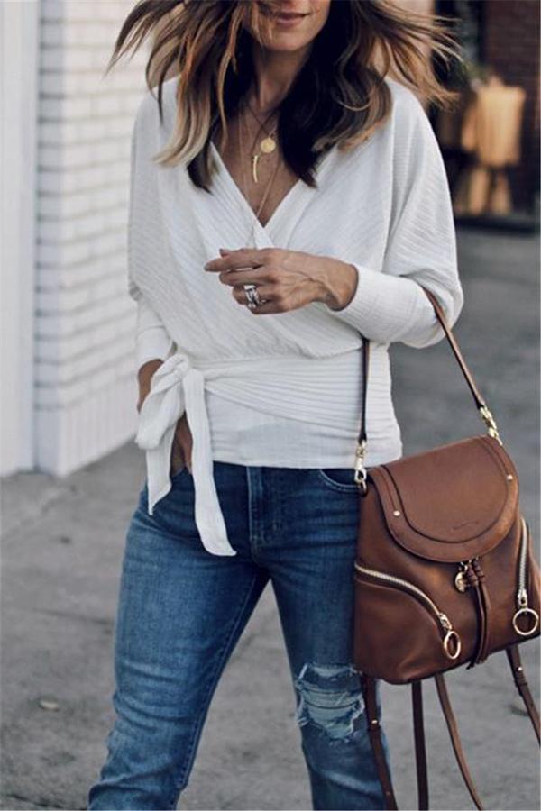 Stylish Casual Cute Solid Color V Neck Knotted Long Sleeves Shirt