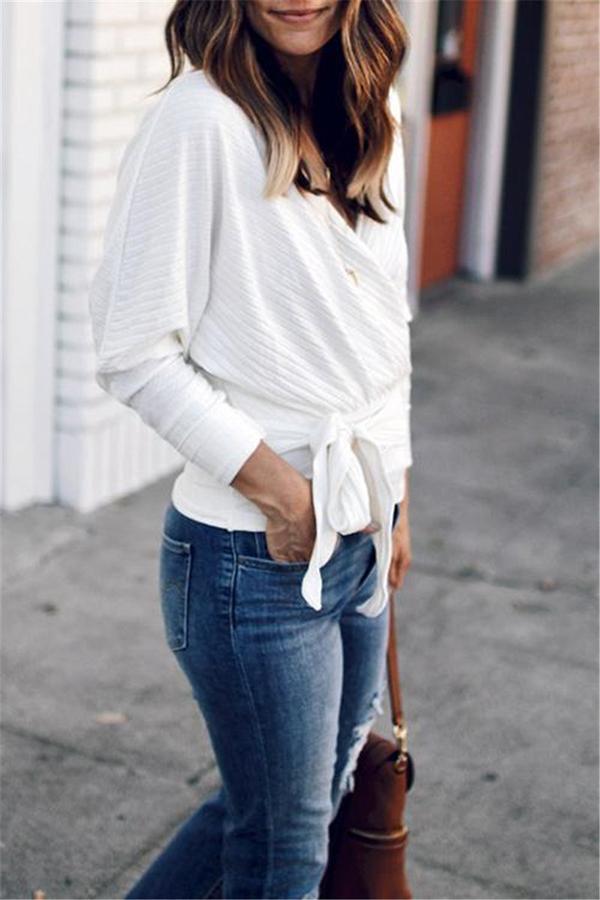 Stylish Casual Cute Solid Color V Neck Knotted Long Sleeves Shirt