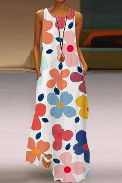 Stylish Cute Big Flower Print Sleeveless Pockets Long Dress