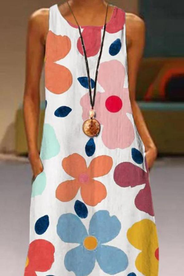 Stylish Cute Big Flower Print Sleeveless Pockets Long Dress