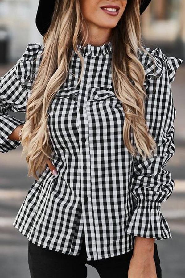 Classic Casual Lacy Round Neck Lantern Sleeves Plaid Print Shirt