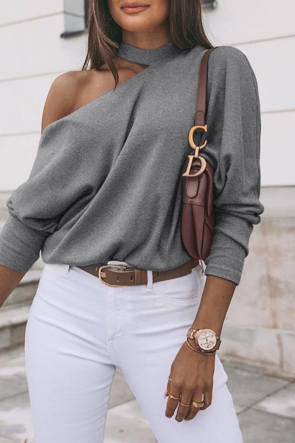 Modern Stylish Casual One Shoulder Solid Color Long Sleeves Shirt