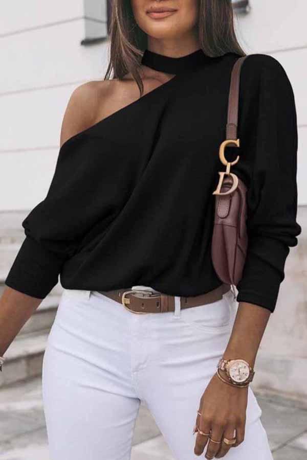 Modern Stylish Casual One Shoulder Solid Color Long Sleeves Shirt