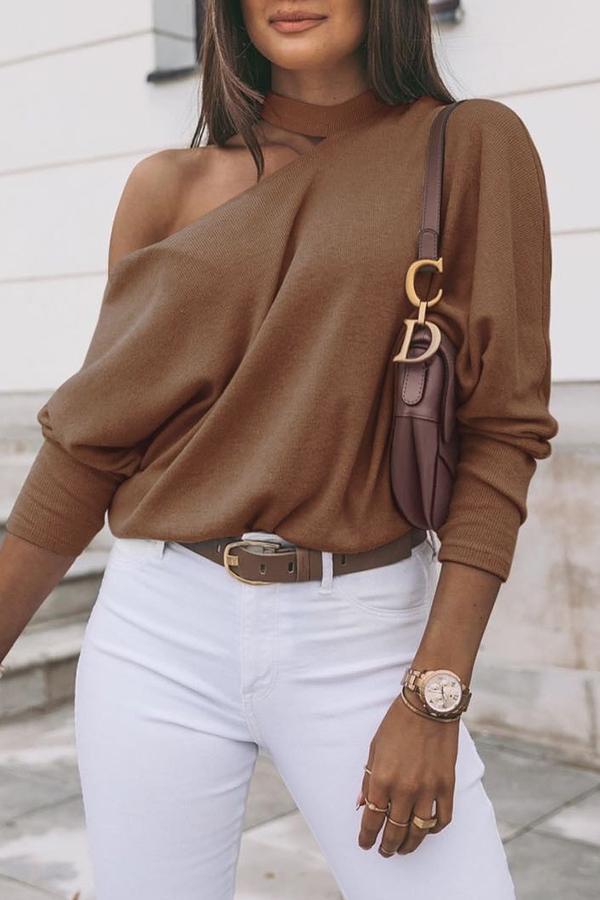 Modern Stylish Casual One Shoulder Solid Color Long Sleeves Shirt