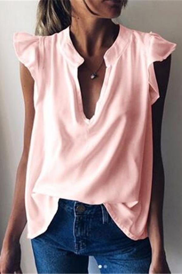 Smart Girly Stylish Deep V Neck Solid Color Short Sleeves Shirt