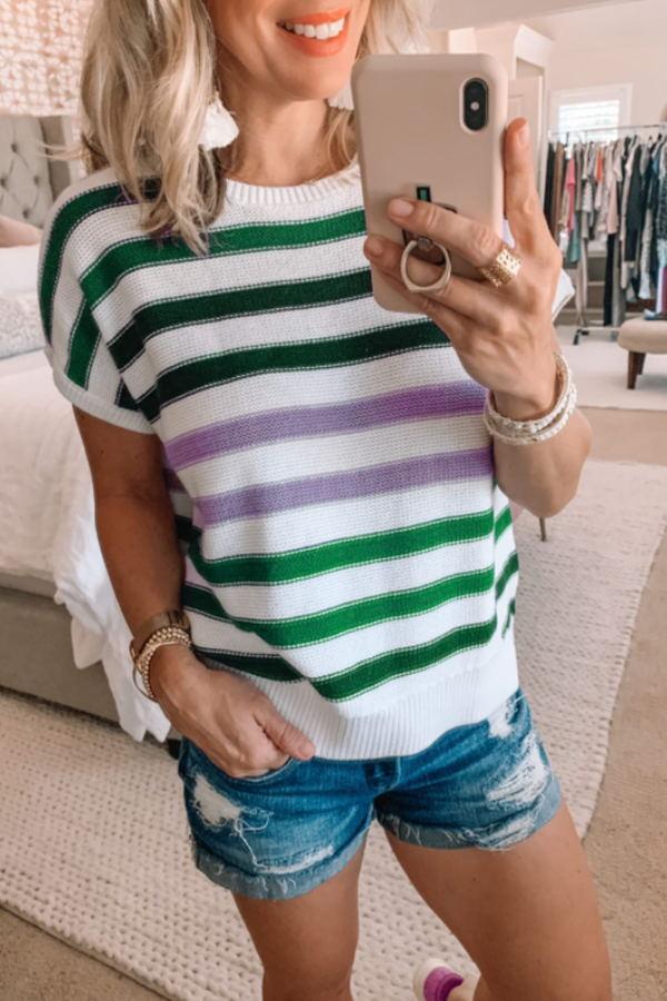 Modern Casual Colorful Striped Print Short Sleeves Knitted Shirt