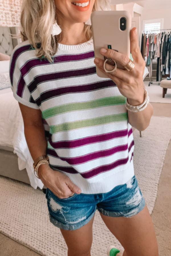 Modern Casual Colorful Striped Print Short Sleeves Knitted Shirt