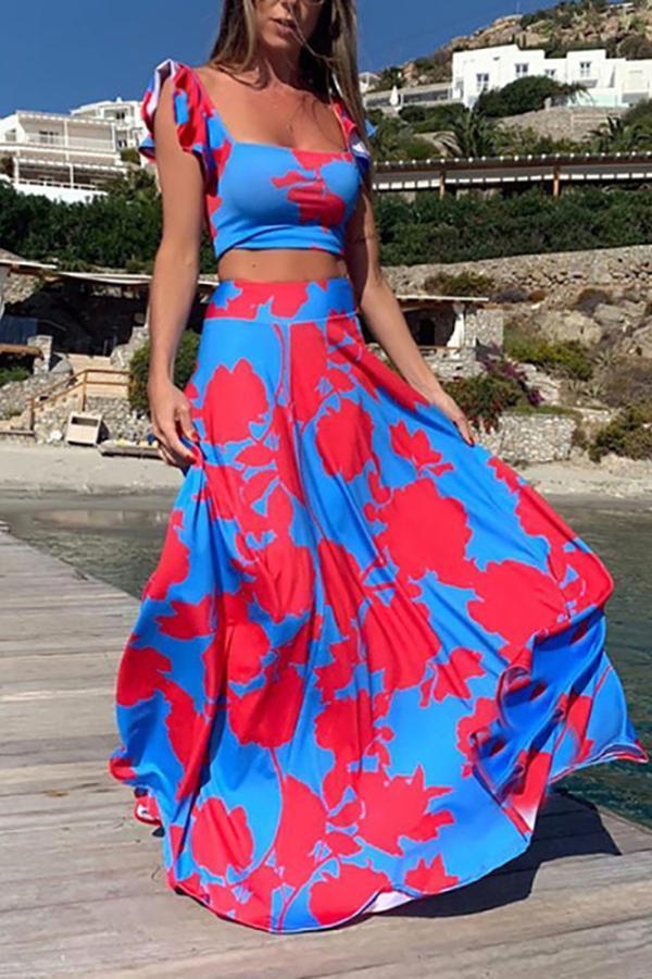 Charming Stylish Casual Strapless Sling Big Geometric Print Long Dress Suit