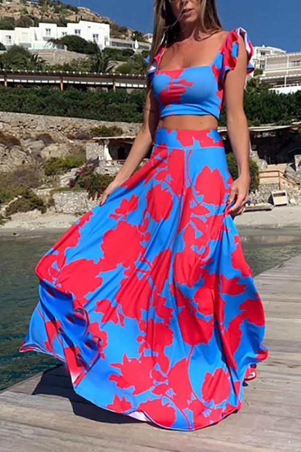 Charming Stylish Casual Strapless Sling Big Geometric Print Long Dress Suit