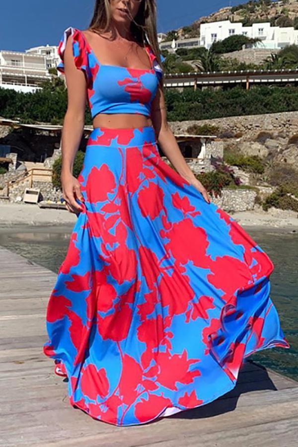 Charming Stylish Casual Strapless Sling Big Geometric Print Long Dress Suit