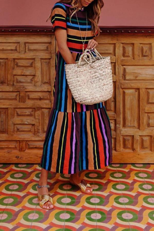 Cute Playful Rainbow Striped Short Sleeves Long Dress