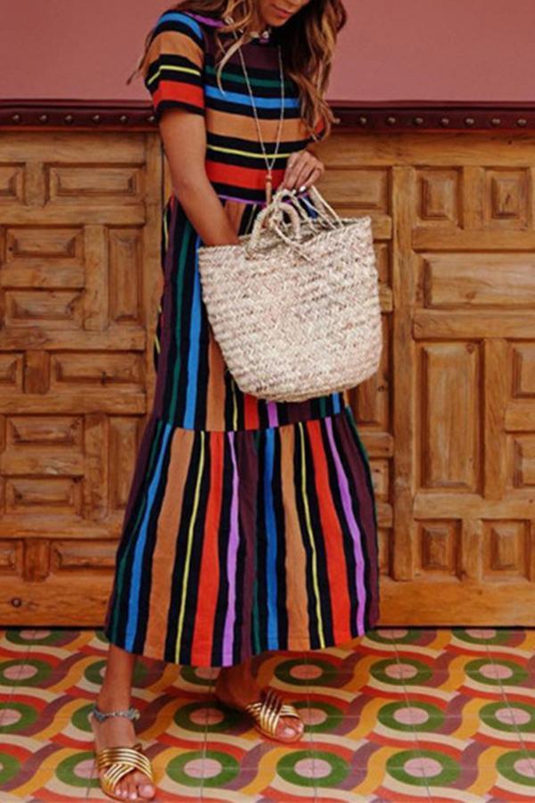 Cute Playful Rainbow Striped Short Sleeves Long Dress