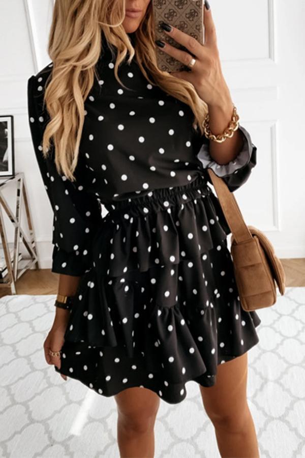 Elegant Temperament High Neck Polka Dot Flounce Sleeves Midi Dress