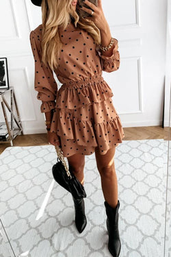 Elegant Temperament High Neck Polka Dot Flounce Sleeves Midi Dress