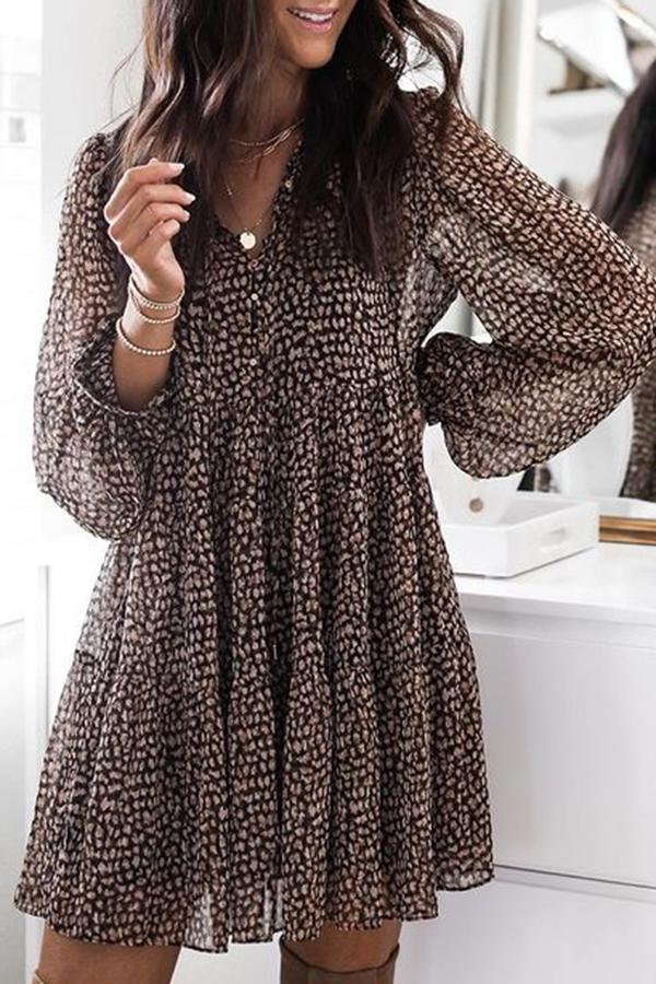 Retro Elegant Lantern Sleeves V Neck Leopard Print Midi Dress