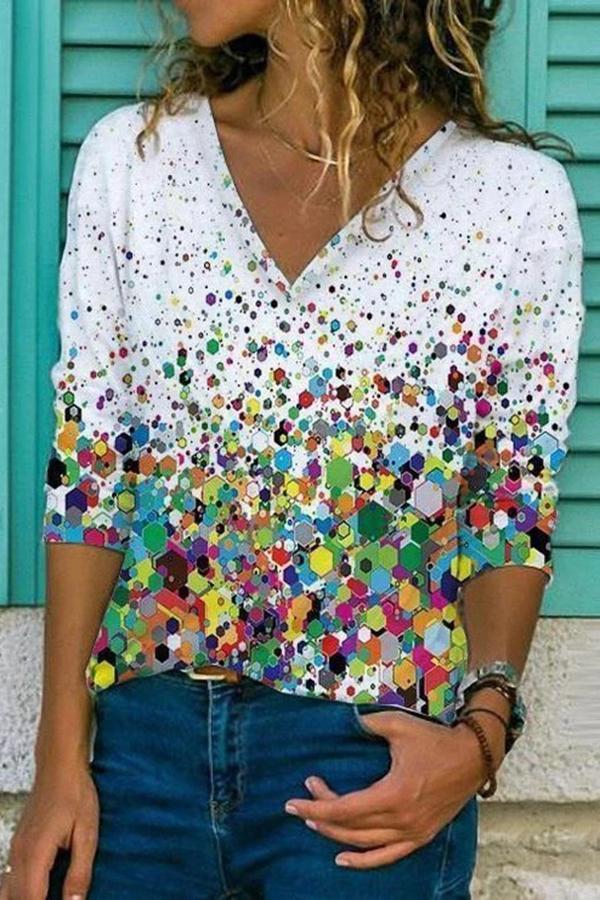 Casual Abstract Print V Neck Top