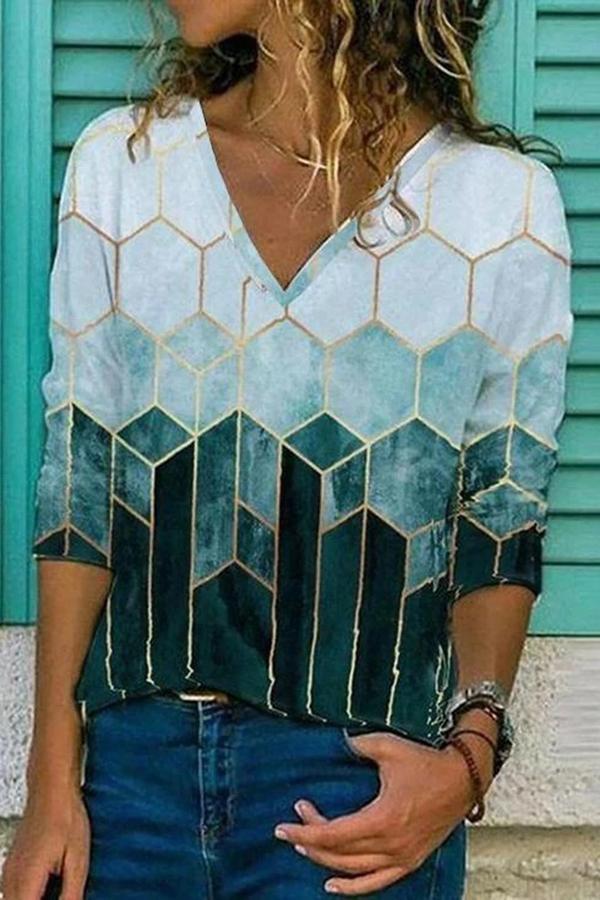 Casual Geometric Print V Neck Top