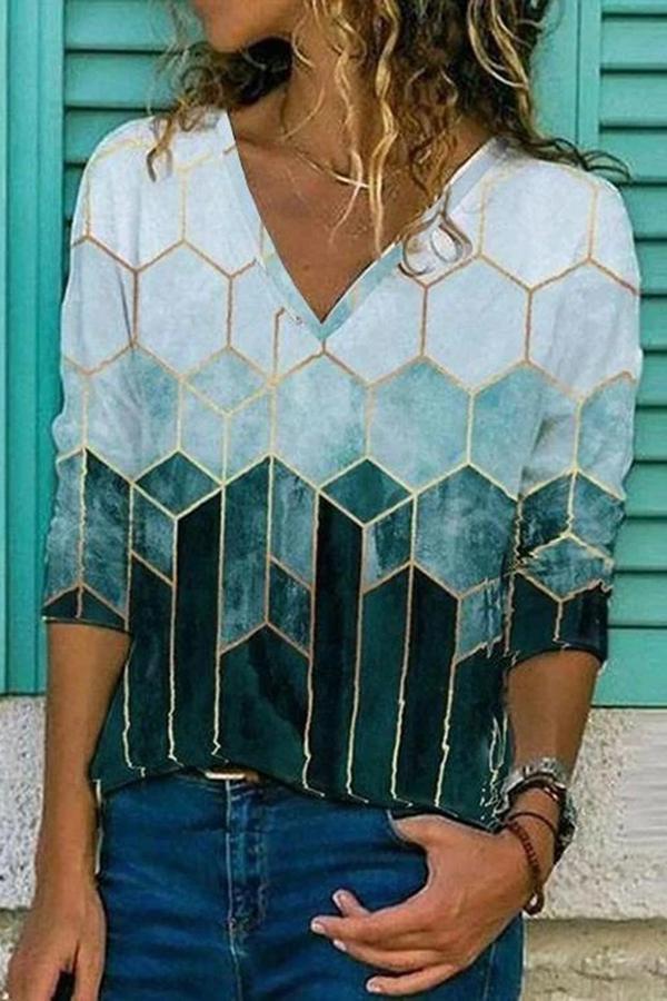 Casual Geometric Print V Neck Top