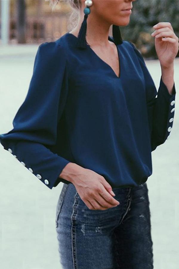 Urban Buttons Back Lantern Sleeves V Neck Top