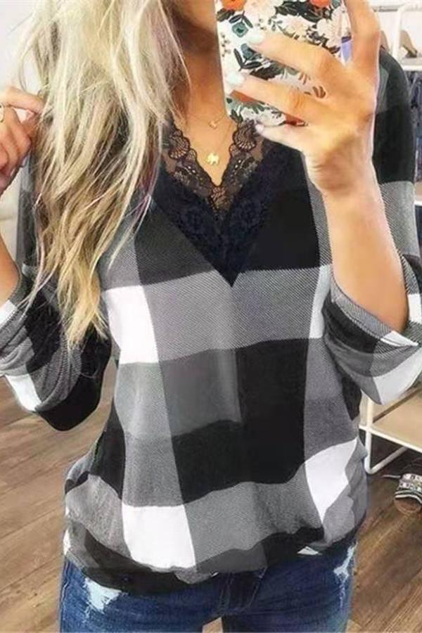 Trendy Casual Lace V Neck Plaid Print Top