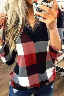 Trendy Casual Lace V Neck Plaid Print Top