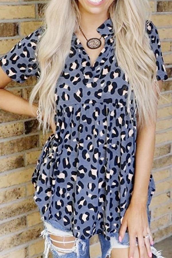 Wild Stylish Leopard Print Details Collar Shirt