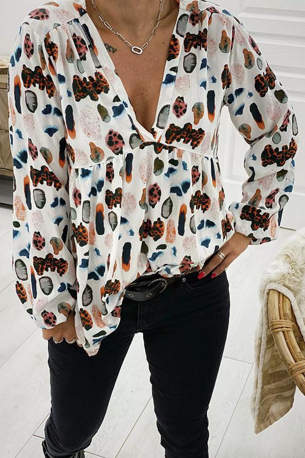 Modern Baggy Graphic Print V Neck Blouses