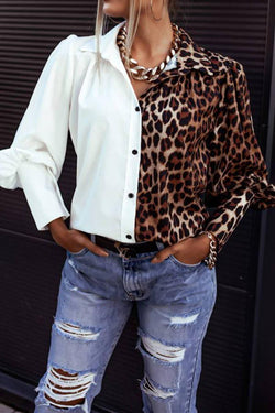 Stylish Leopard Print Contrast Buttons Blouses